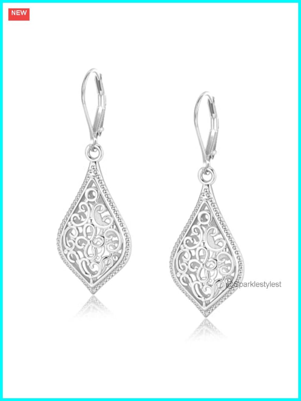 Filigree Teardrop Dangle Earrings Silver Plated Brass Leverback Women